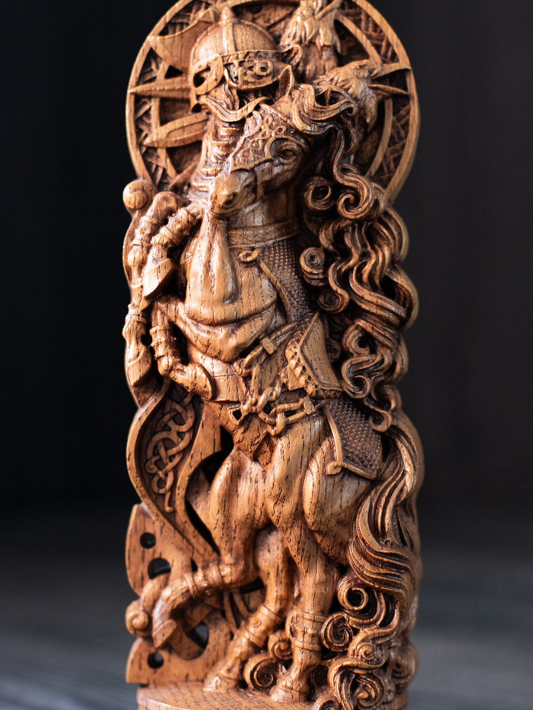 Sleipnir Wooden Figurine - Handcrafted Oak Statue with Odin and Ravens