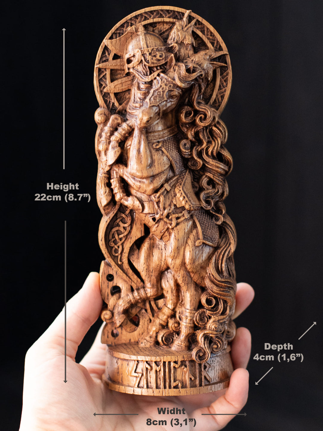 Sleipnir Wooden Figurine - Handcrafted Oak Statue with Odin and Ravens