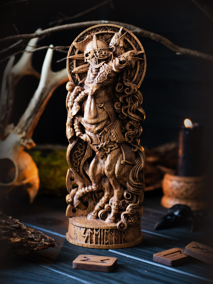 Full view of the Sleipnir statue from the front, highlighting its dimensions and intricate design featuring Odin and his ravens.
