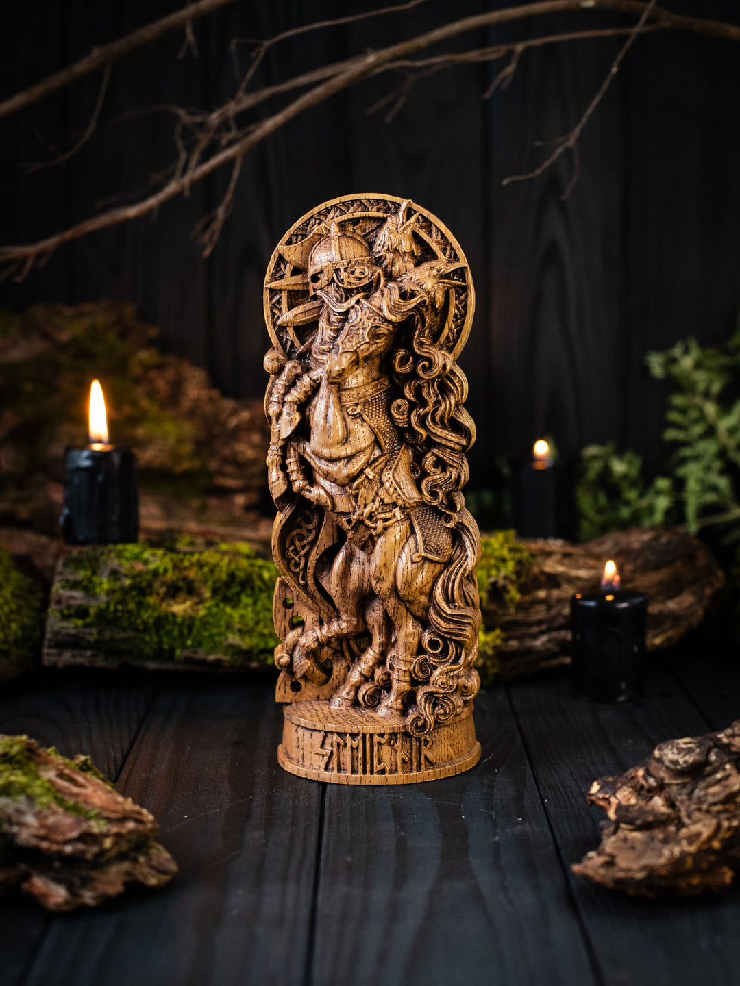 Sleipnir Wooden Figurine - Handcrafted Oak Statue with Odin and Ravens