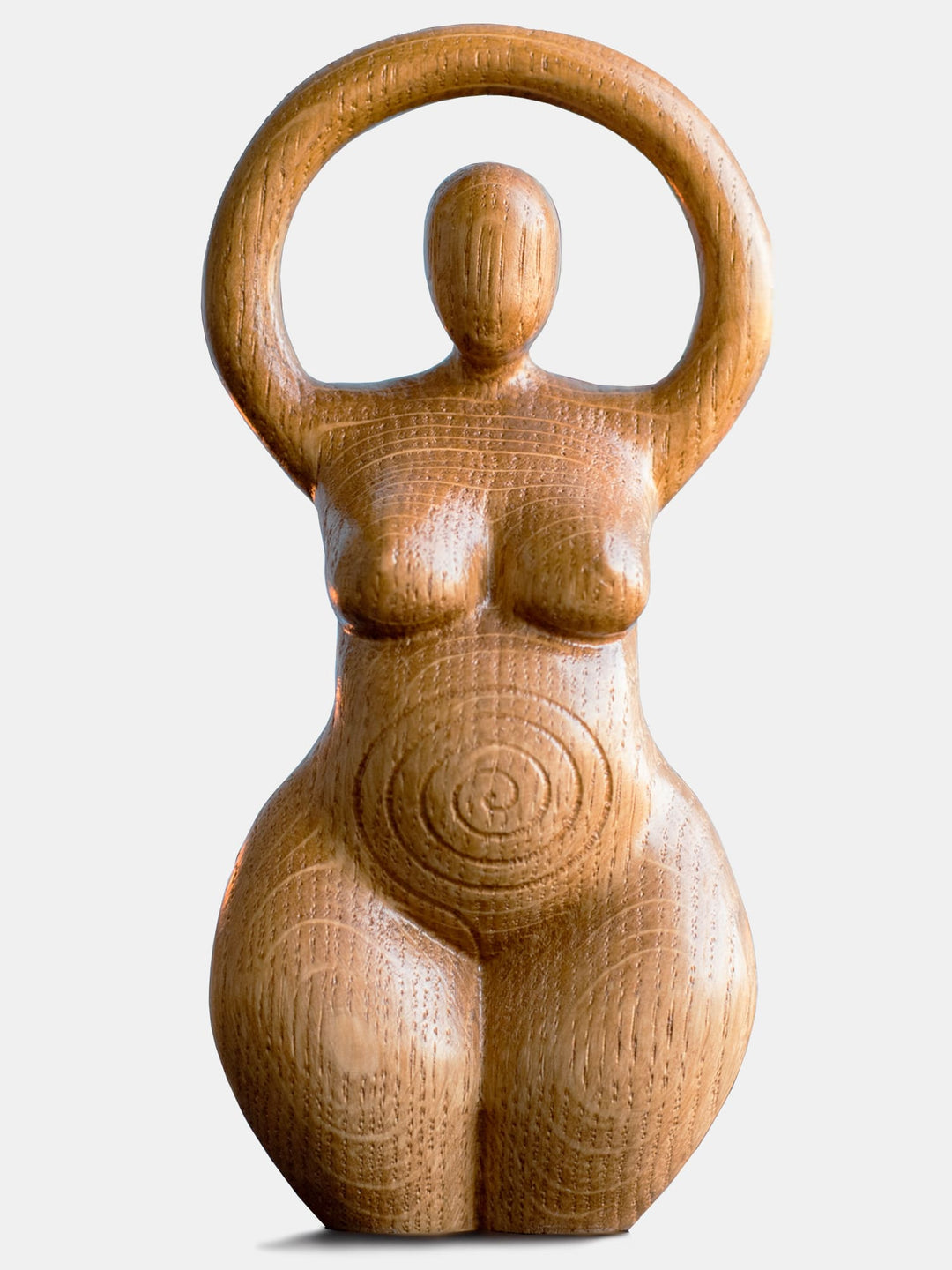 Close-up of the handcrafted oak Spiral Goddess statue, showcasing the minimalist design and natural wood finish.