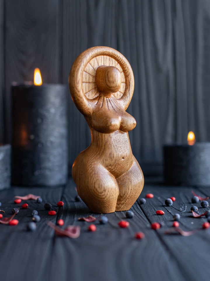 Sun Goddess Wooden Figurine: Minimalist Radiance