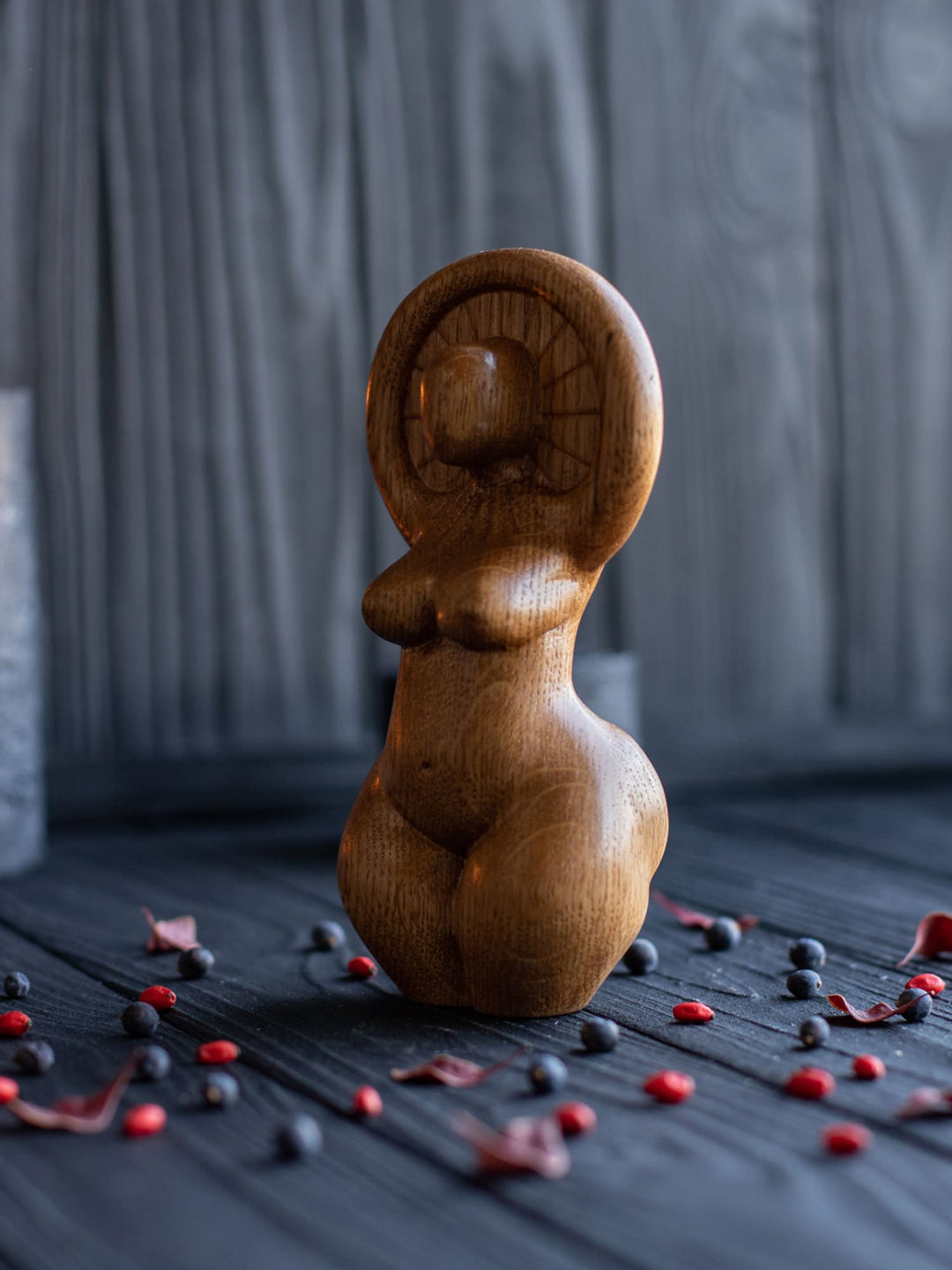 Sun Goddess Wooden Figurine: Minimalist Radiance