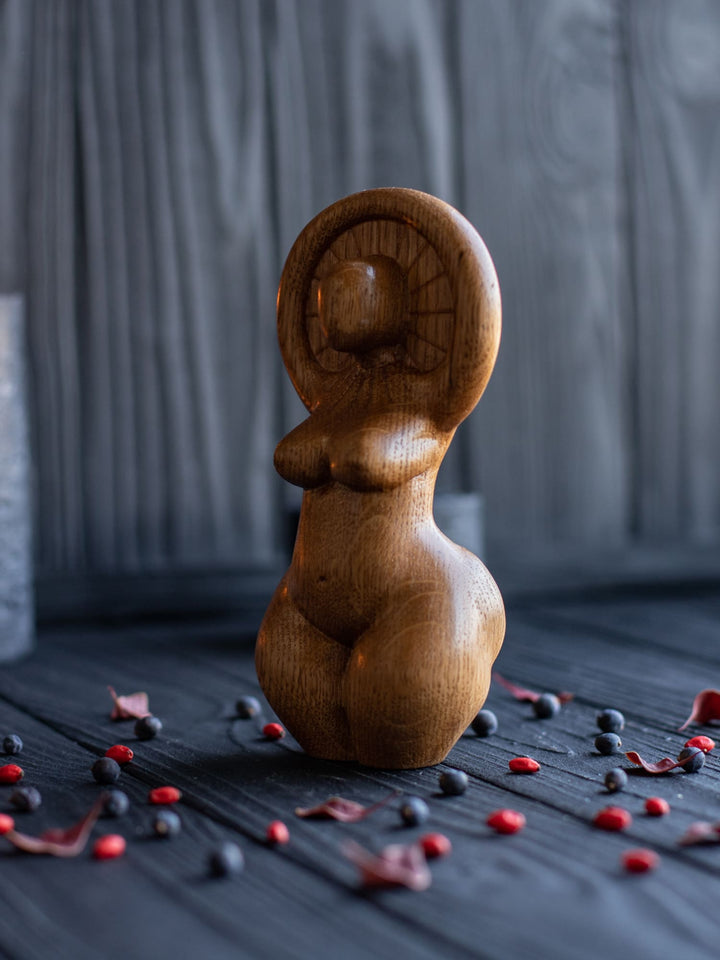 Sun Goddess Wooden Figurine: Minimalist Radiance