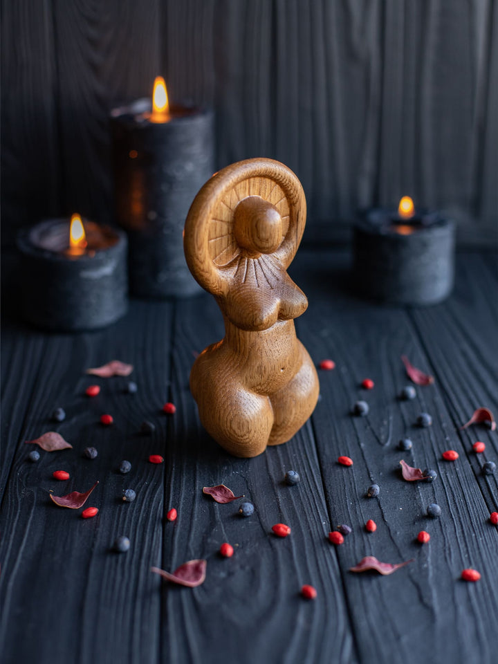 Sun Goddess Wooden Figurine: Minimalist Radiance