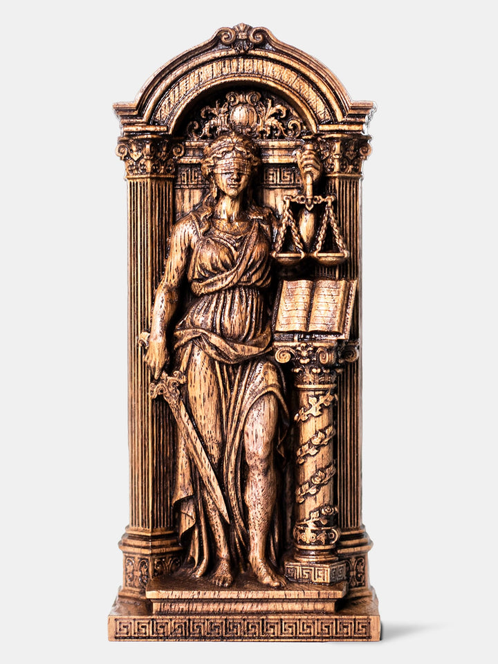 Handcrafted Themis statue with blindfold, holding scales and sword among ancient Greek architecture.