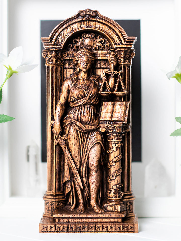 Wooden goddess of justice statue with law book on pedestal, inspired by lady justice and classical Greek sculpture.