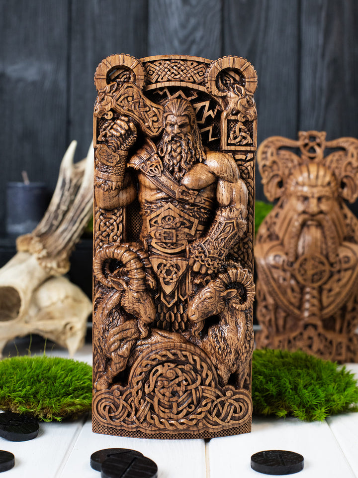 Powerful Thor wooden figurine, depicting Norse God of Thunder with Jörmungandr base, perfect for altar decor.