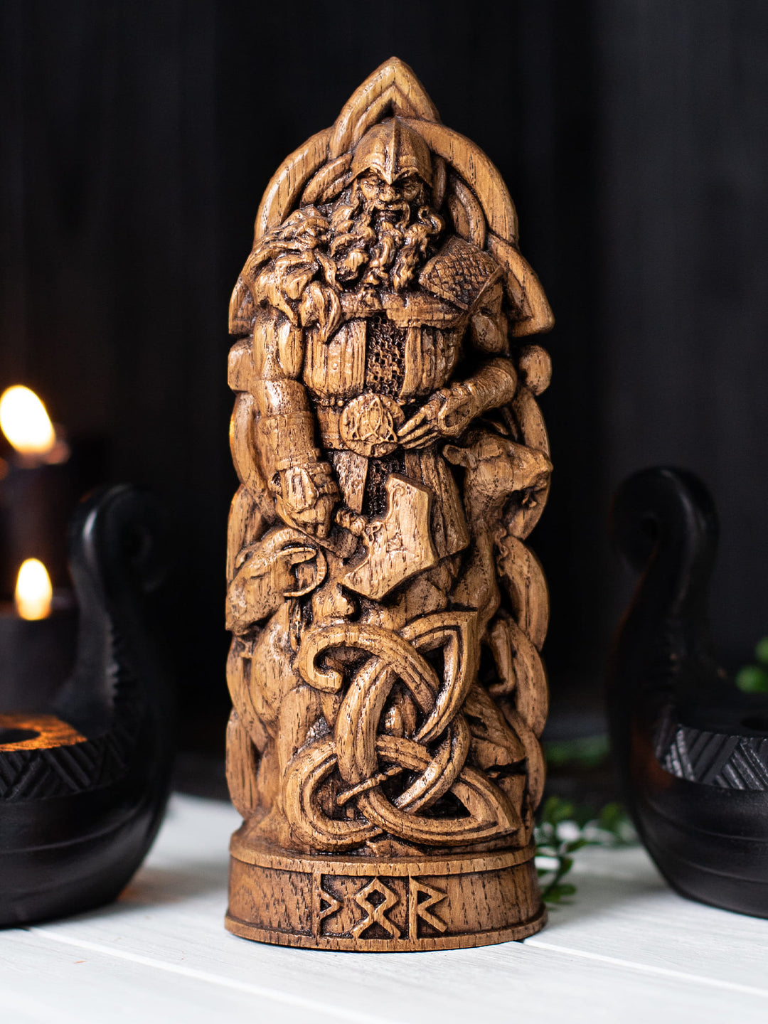 Thor Wooden Figurine - Handcrafted Oak Statue with Hammer and Goats