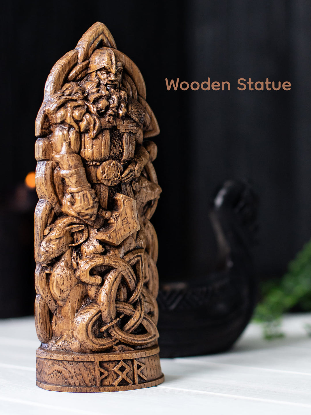 Thor Wooden Figurine - Handcrafted Oak Statue with Hammer and Goats