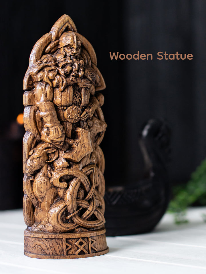 Thor Wooden Figurine - Handcrafted Oak Statue with Hammer and Goats