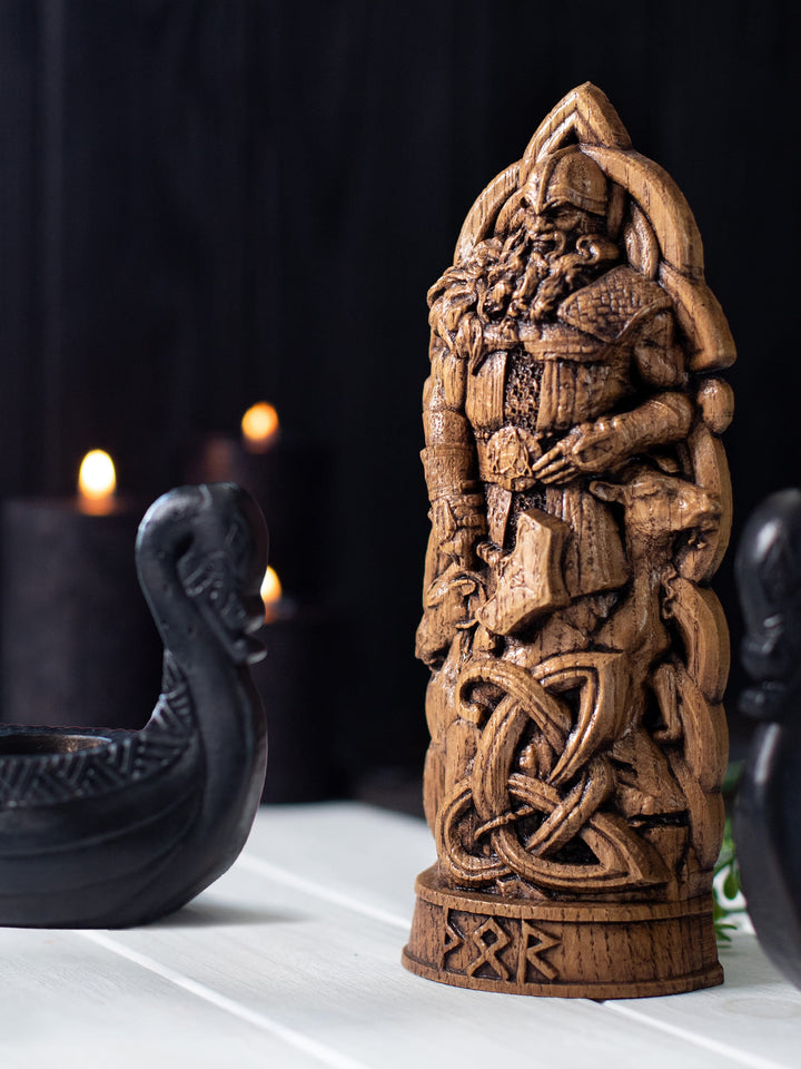 Thor Wooden Figurine - Handcrafted Oak Statue with Hammer and Goats