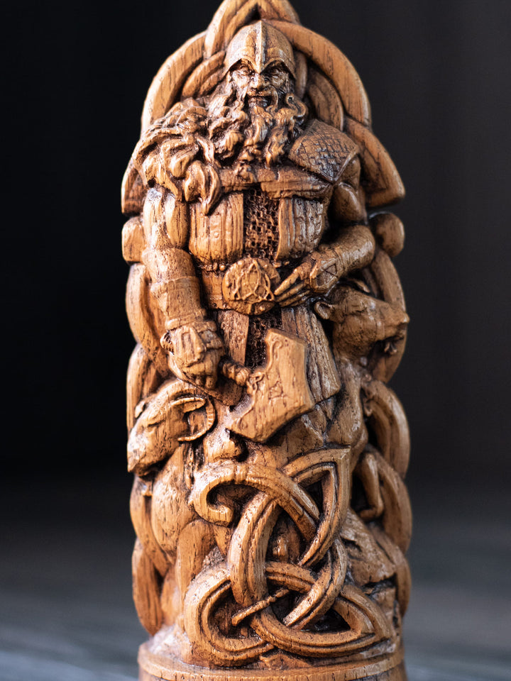 Thor Wooden Figurine - Handcrafted Oak Statue with Hammer and Goats
