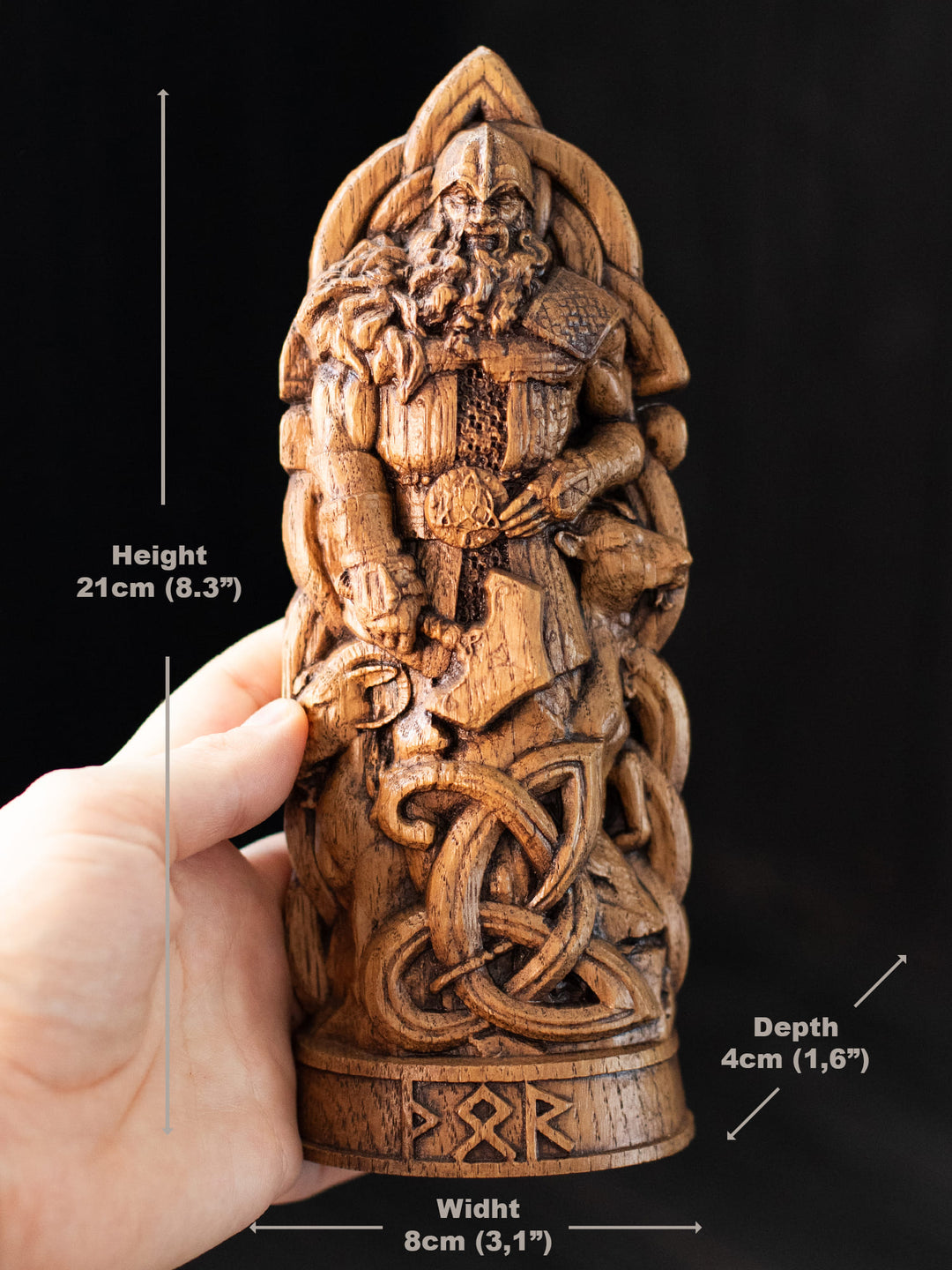 Thor Wooden Figurine - Handcrafted Oak Statue with Hammer and Goats