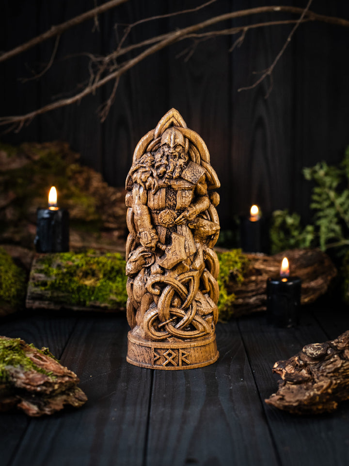 Thor Wooden Figurine - Handcrafted Oak Statue with Hammer and Goats