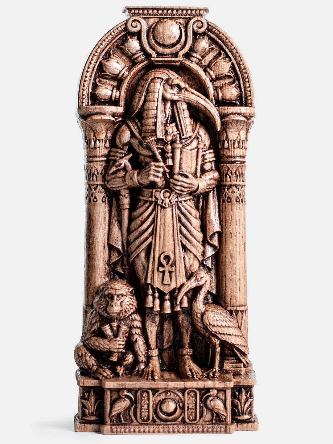 Handmade ash wood Thoth statue with antique patina inspired by ancient Egyptian wisdom, writing, magic, and sacred knowledge.