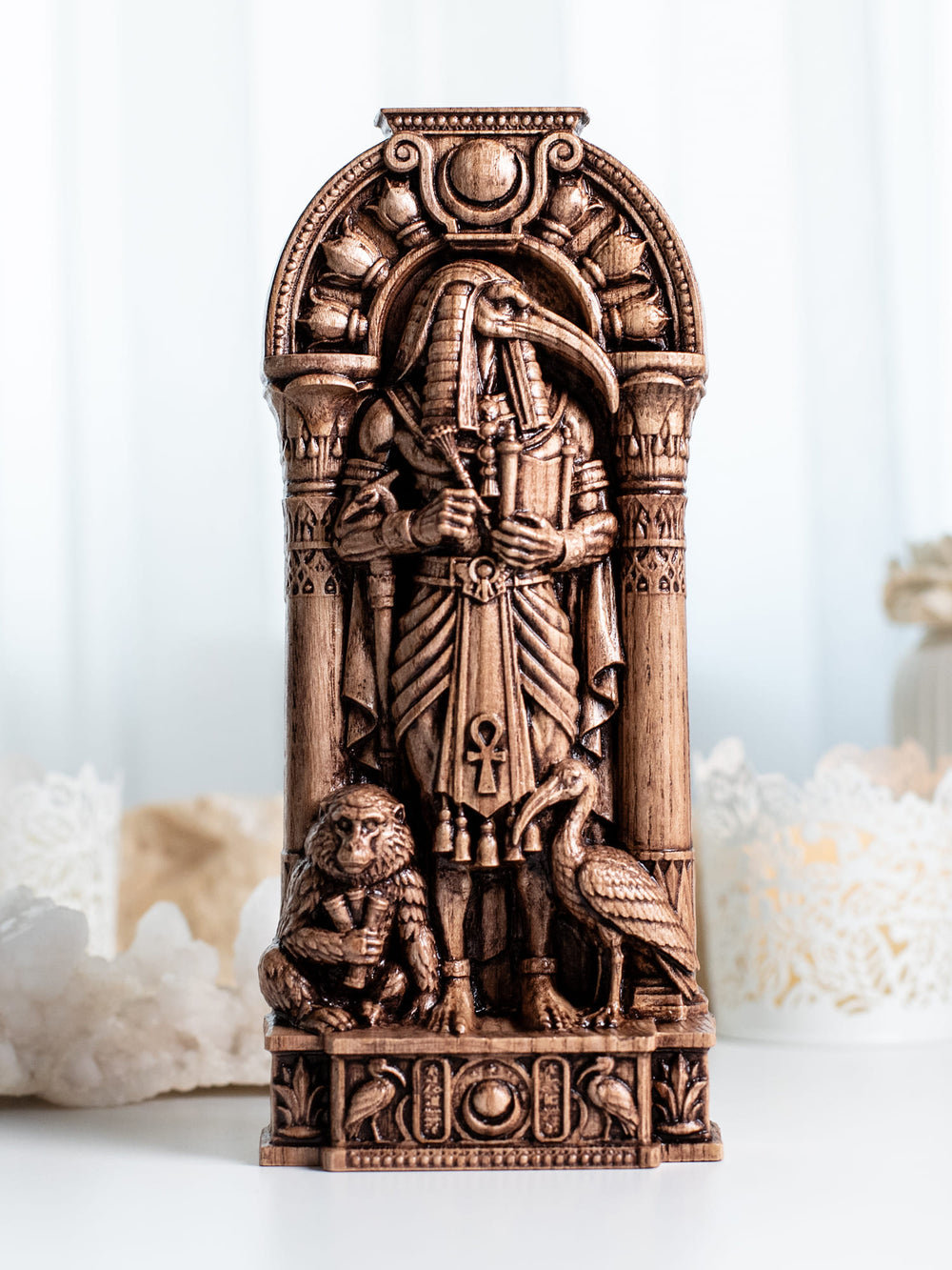 Thoth Egyptian god wooden statue for wisdom altar, occult decor, mythology collection, and spiritual study space.