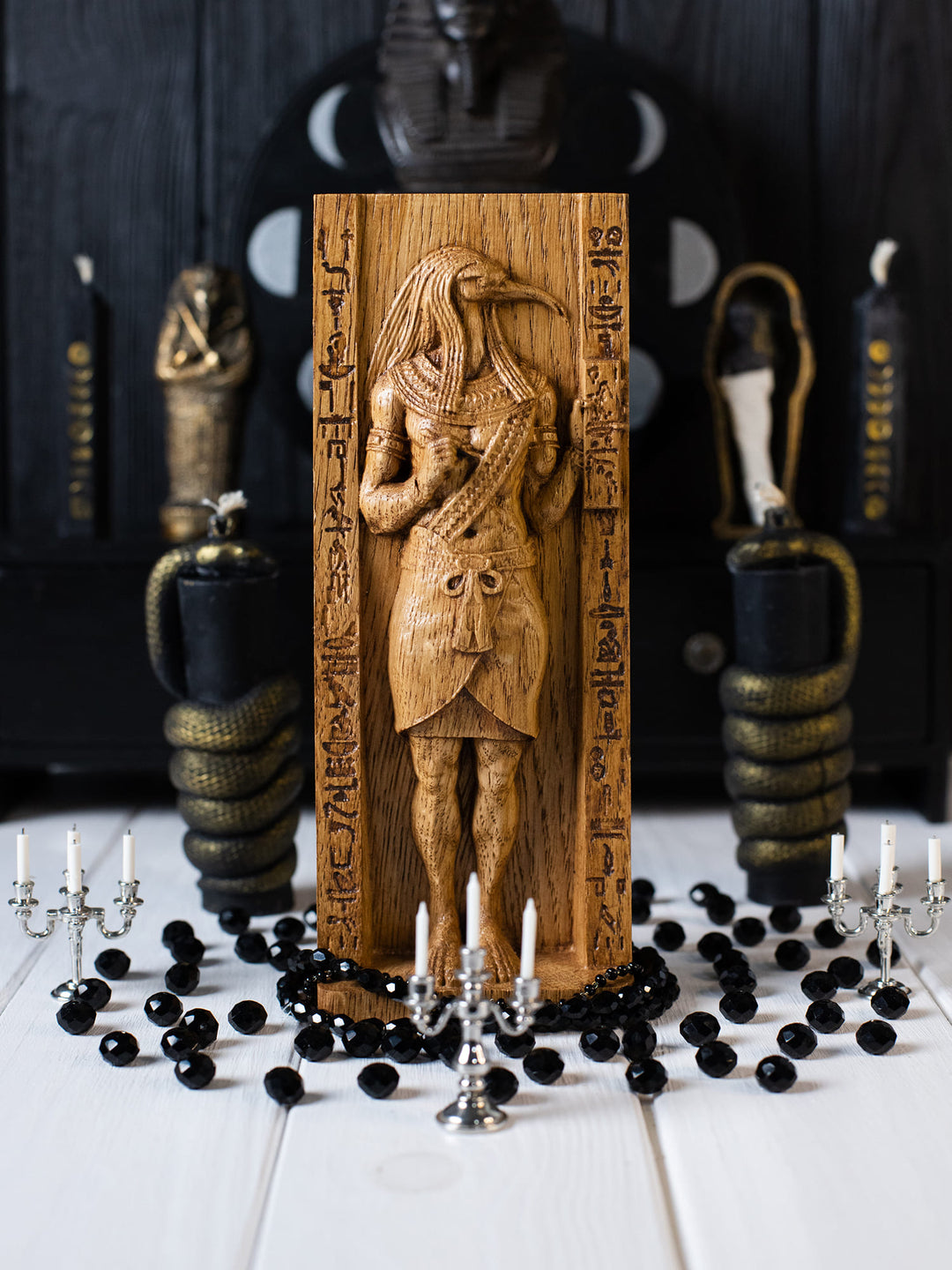 Full view of the Thoth statue from the front, highlighting its dimensions and intricate design capturing Thoth’s serene and authoritative presence.