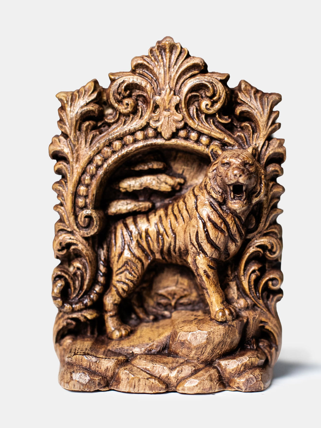 Hand carved wooden tiger statue for witchcraft altar, druid altar, forest guardian decor, and house protection.