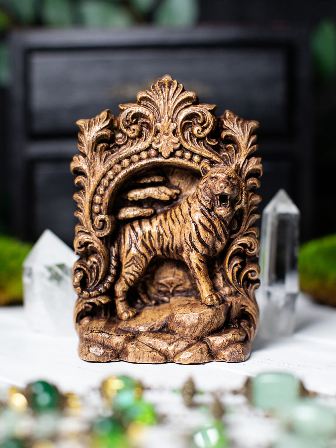 Handmade oak wood tiger figurine with antique patina, inspired by spirit animal symbolism and mystical animal decor.