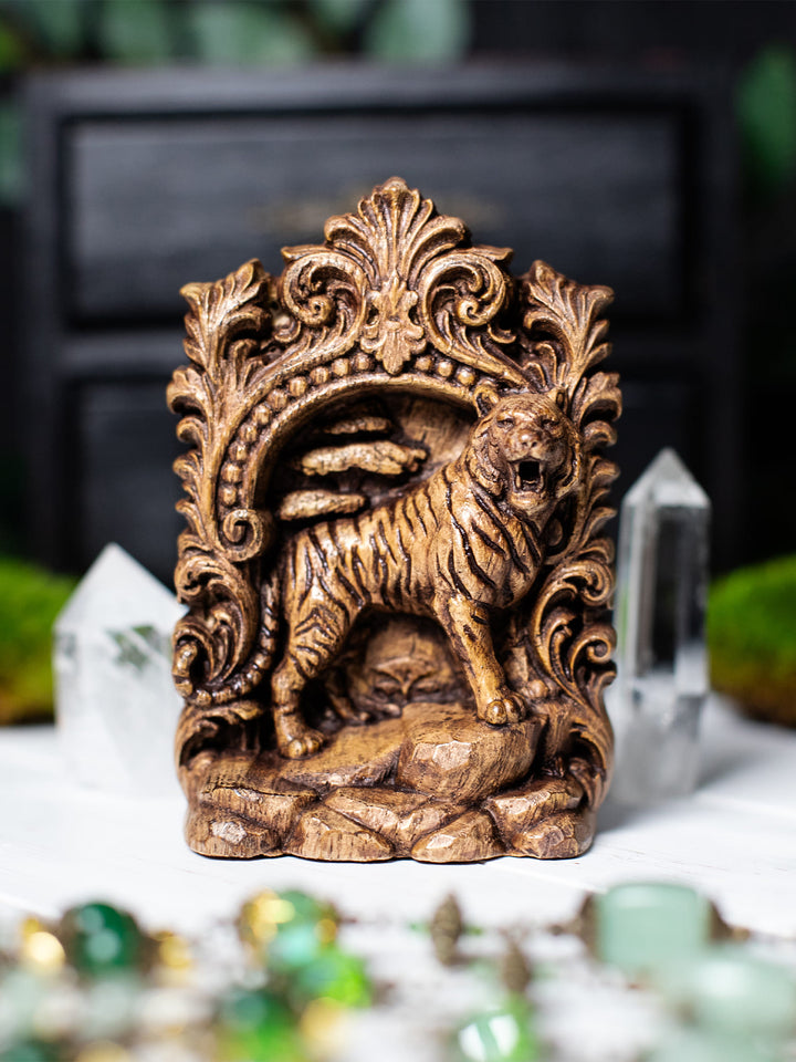 Handmade oak wood tiger figurine with antique patina, inspired by spirit animal symbolism and mystical animal decor.