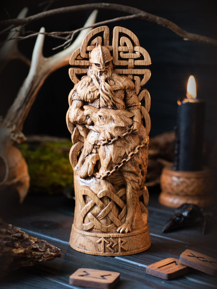 Full view of the Tyr and Fenrir statue from the front, highlighting its dimensions and intricate design capturing the moment of Tyr's sacrifice.