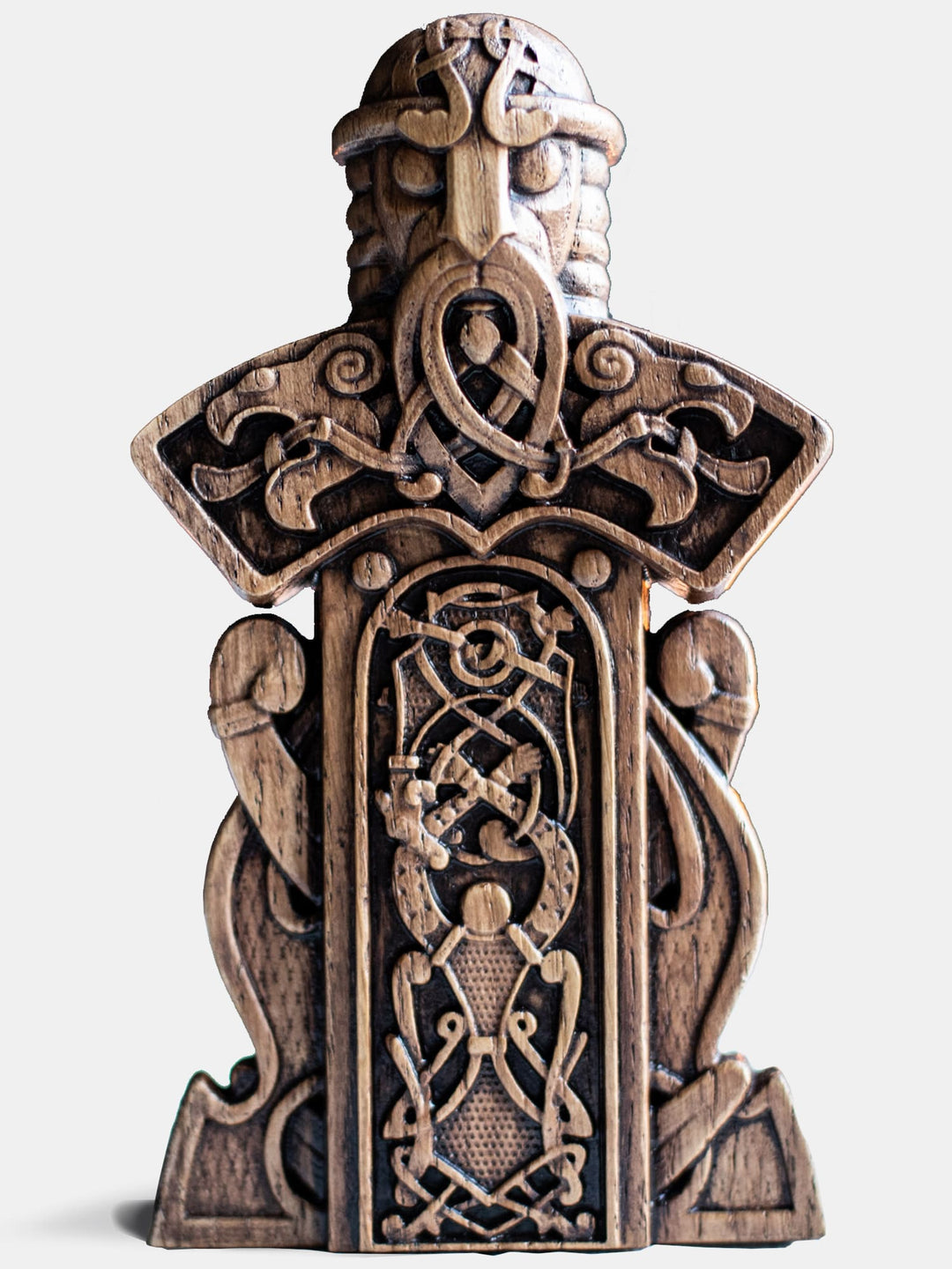 Handcrafted wooden Týr bust, Norse God of Justice, with Fenrir hand sacrifice scene and sword-shaped body