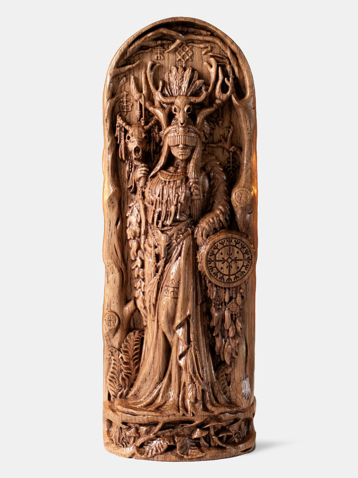 Volva seidr seeress statue with shaman drum and helm of awe for Norse paganism