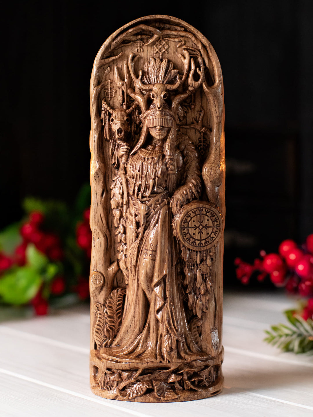 Volva Viking shaman figurine with altar skull, Norse Seidir witch symbolism, Yule pagan gift