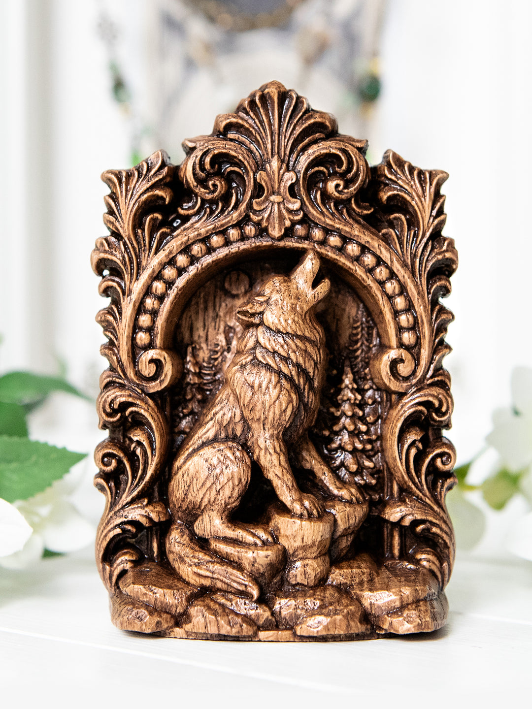 Wolf Totem Statue – Wooden Wolf Forest Spirit Figurine