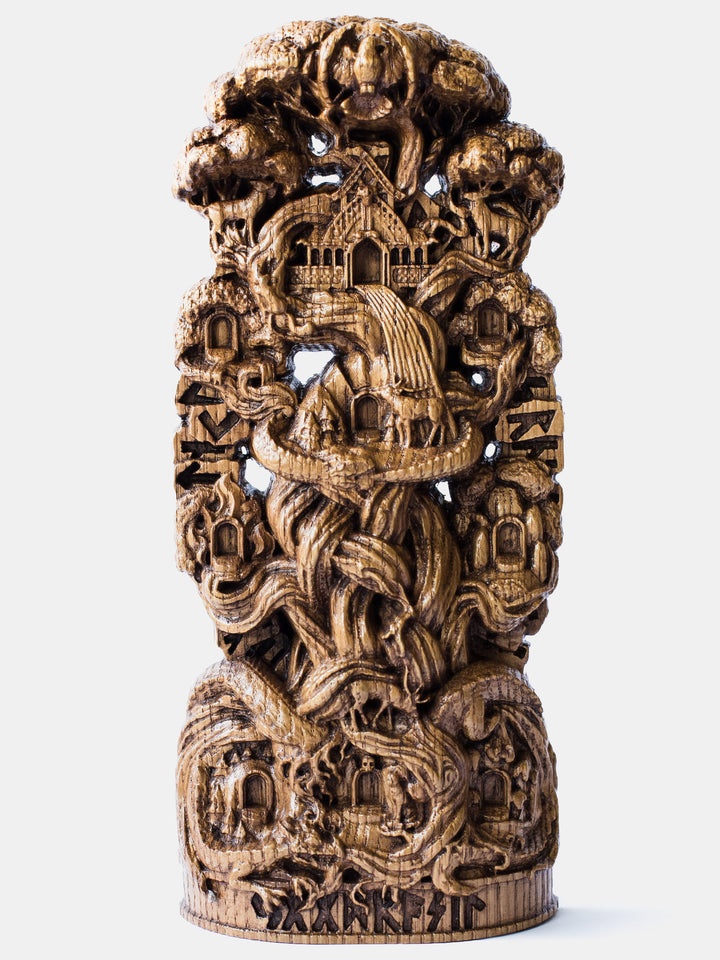 Close-up of the handcrafted oak Yggdrasil statue, showcasing the World Tree with all nine worlds and intricate details.