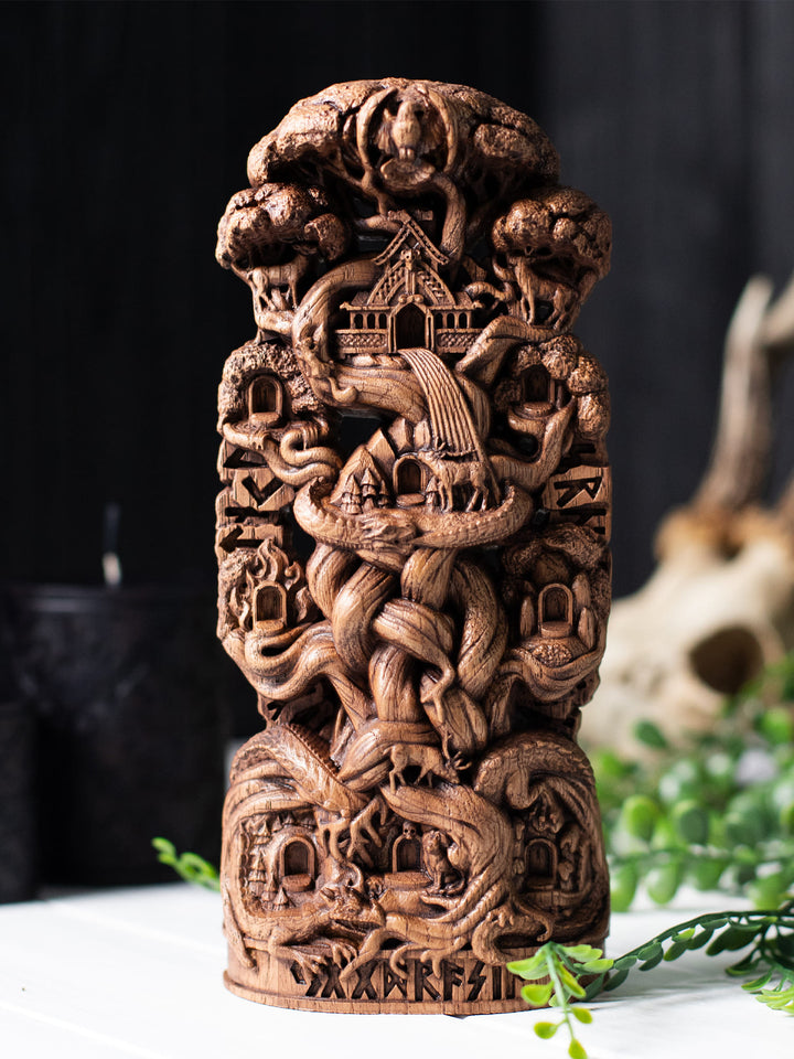 Yggdrasil Wooden Statue - Norse World Tree with Nine Worlds