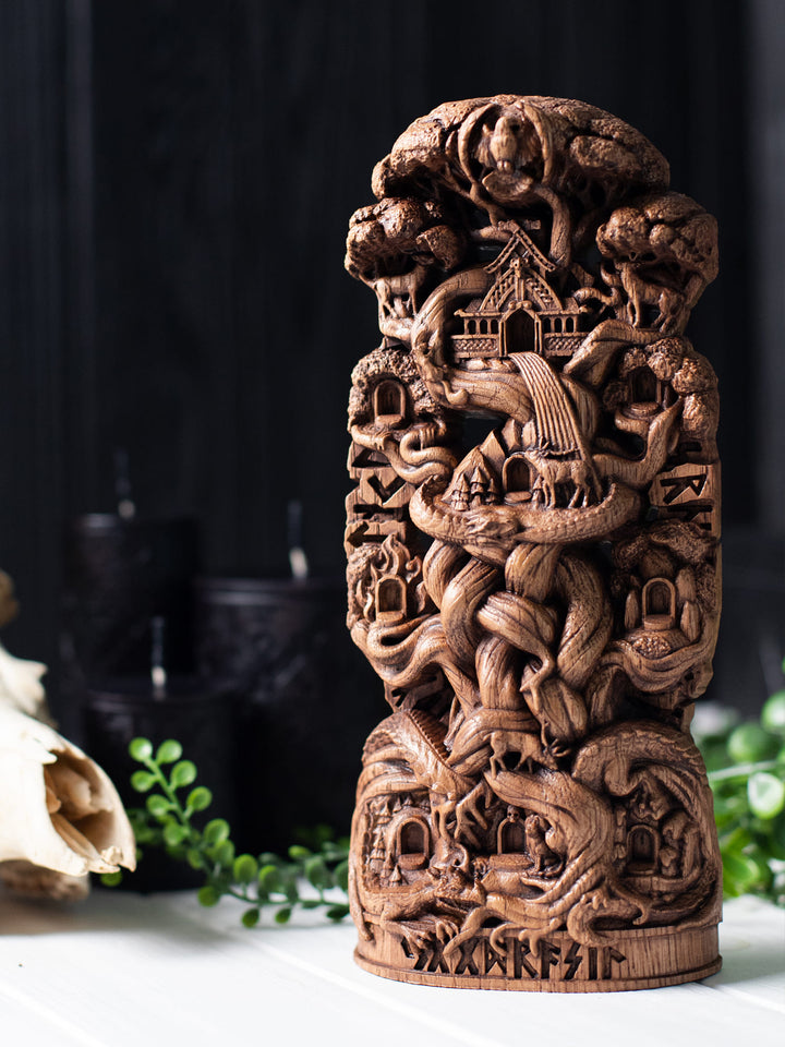 Yggdrasil Wooden Statue - Norse World Tree with Nine Worlds