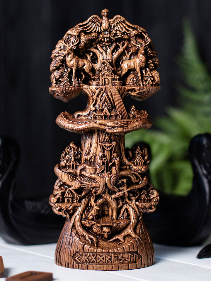 Norse Yggdrasil sculpture showing world tree realms, roots with dragon, Helheim guardian Garmr, and cosmic Norse mythology details
