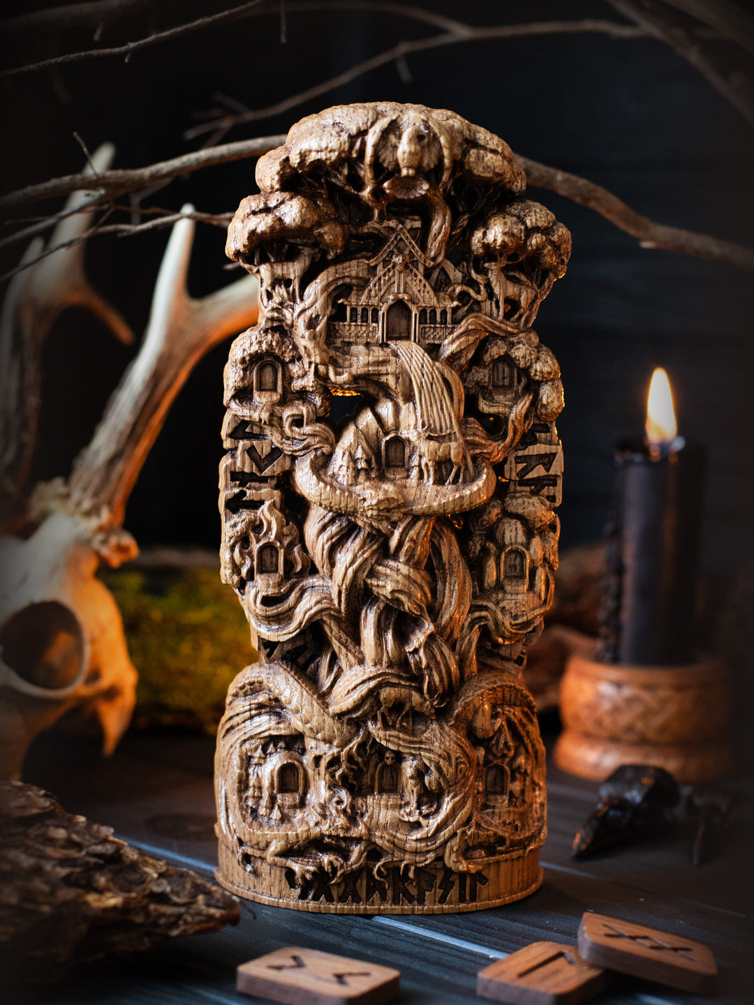 Full view of the Yggdrasil statue from the front, highlighting its dimensions and design with Asgard, Midgard, Helheim, a dragon, deer, squirrel, and bird.