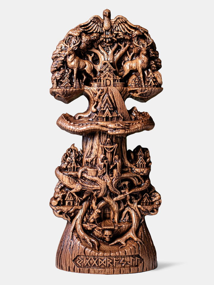 Handcrafted Yggdrasil statue with Veðrfölnir, deer, Ratatoskr, Norns, Bifröst, Jörmungandr, and Níðhöggr