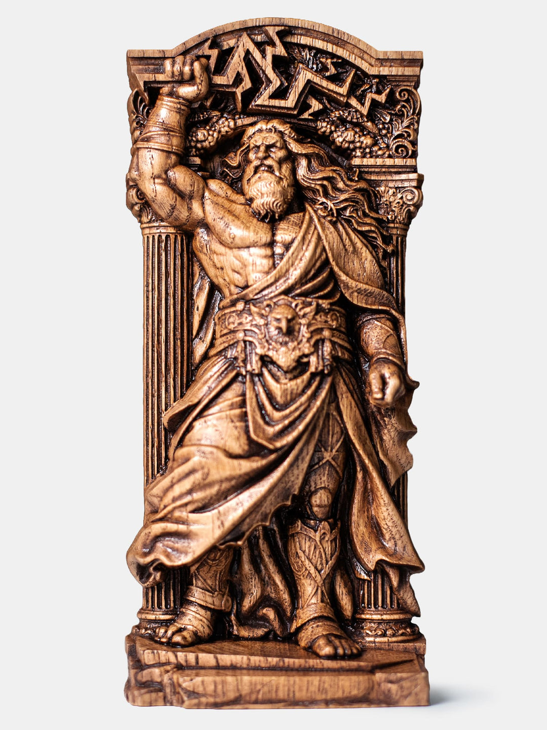 Hand carved Zeus wooden statue depicting the king of the Greek gods for Hellenic altar decor and mythology collection.