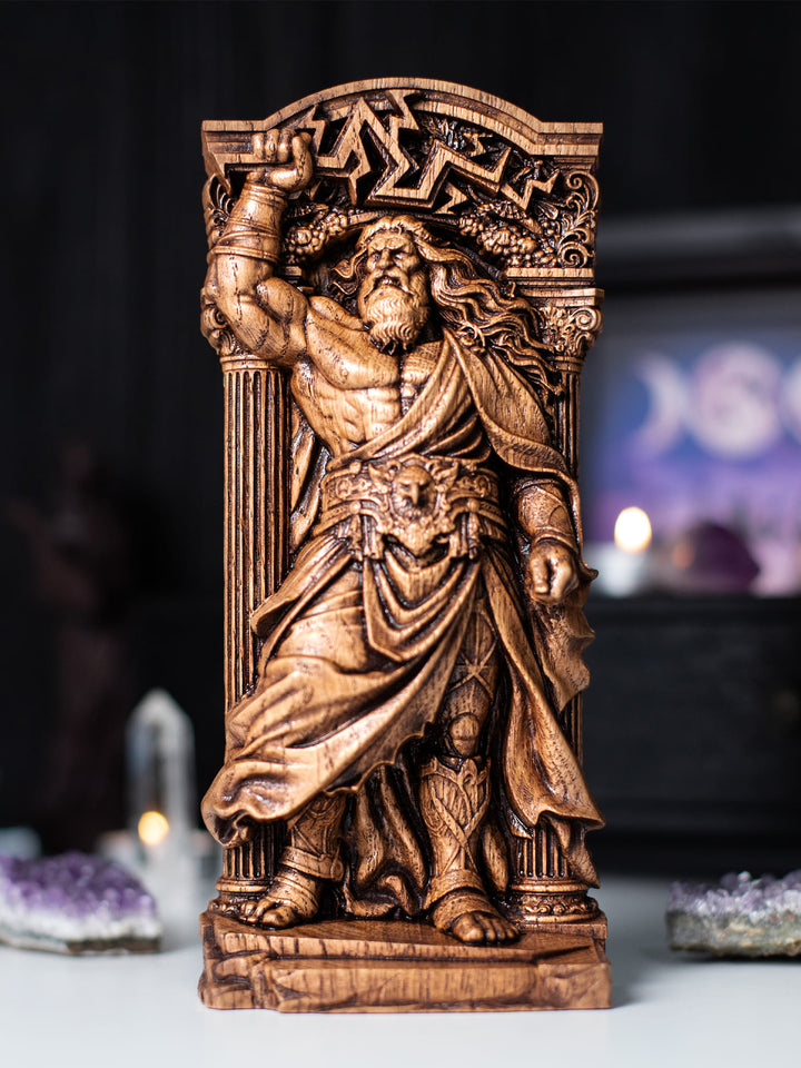 Handmade oak wood Zeus god statue with antique finish for pagan altar, spiritual decor, and Greek mythology enthusiasts.