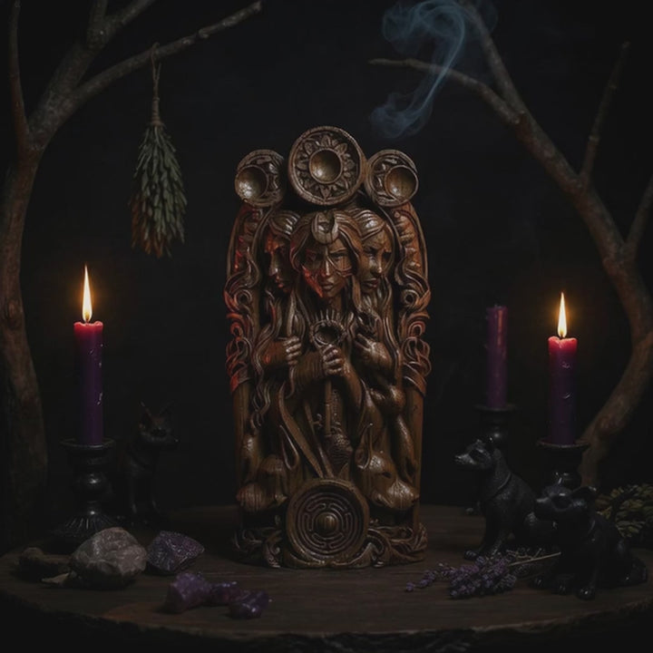 Hekate Wooden Bust: Tri-Form Goddess of Magic