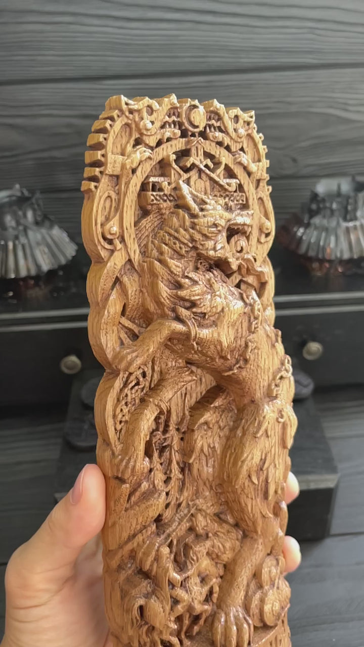 Fenrir Wooden Figurine - Handcrafted Oak Statue