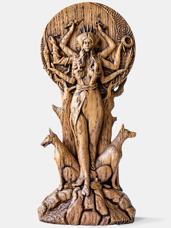 Hecate goddess statue for altar: handcrafted wooden figurine with three faces, six arms, and moon crown.