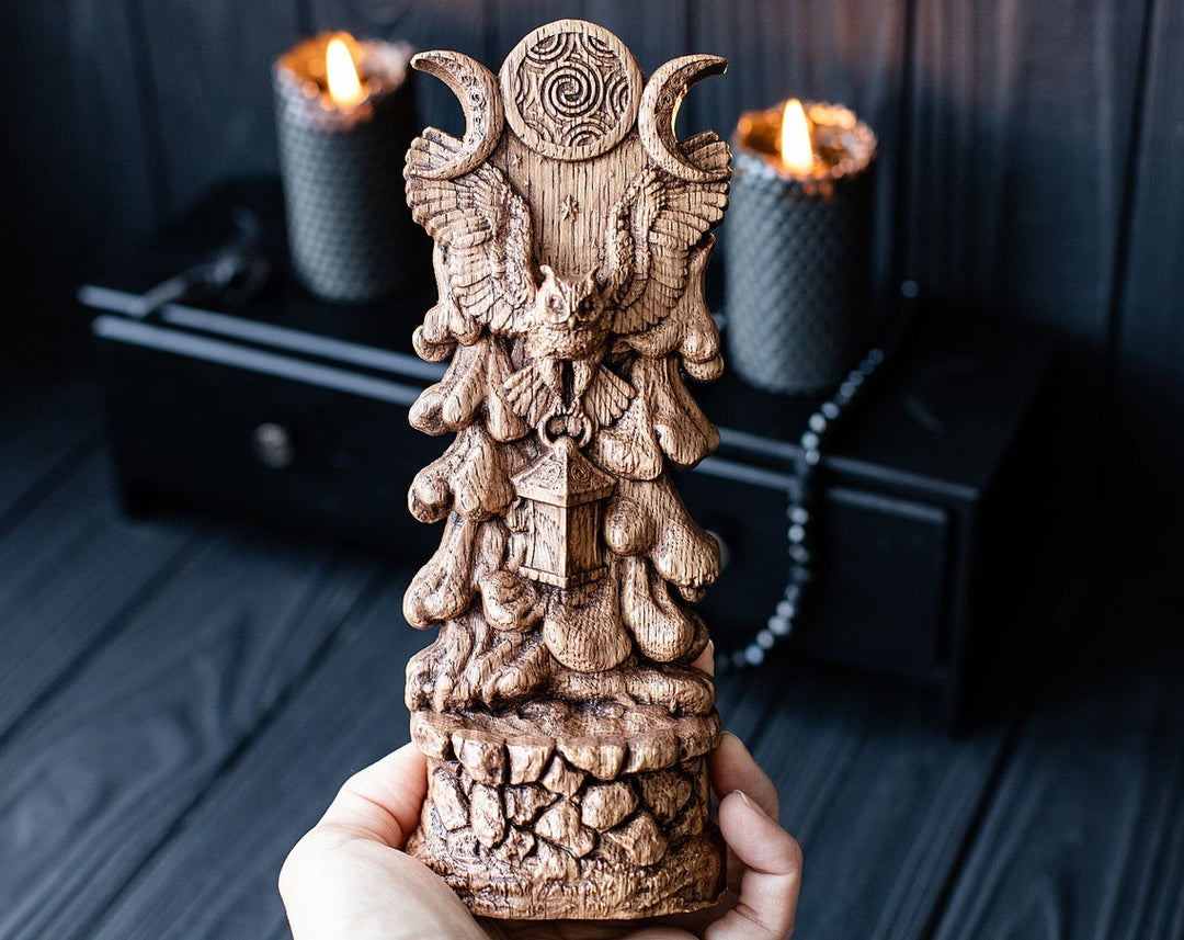 Hecate's Owl Wooden Statue: Wisdom and Light