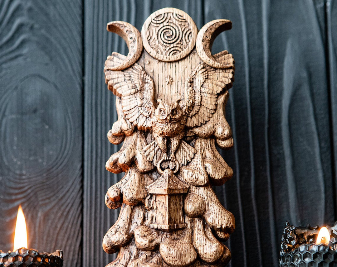 Hecate's Owl Wooden Statue: Wisdom and Light