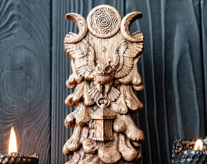 Hecate's Owl Wooden Statue: Wisdom and Light