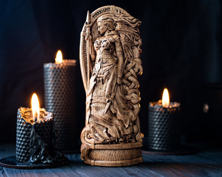 Goddess Morrigan. Wooden statue of Celtic Goddess Morrigu