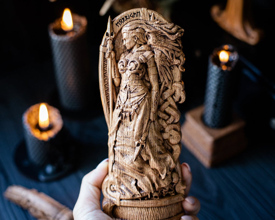 Goddess Morrigan. Wooden statue of Celtic Goddess Morrigu