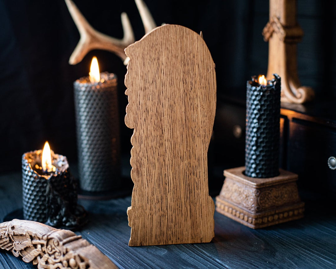 Goddess Morrigan. Wooden statue of Celtic Goddess Morrigu