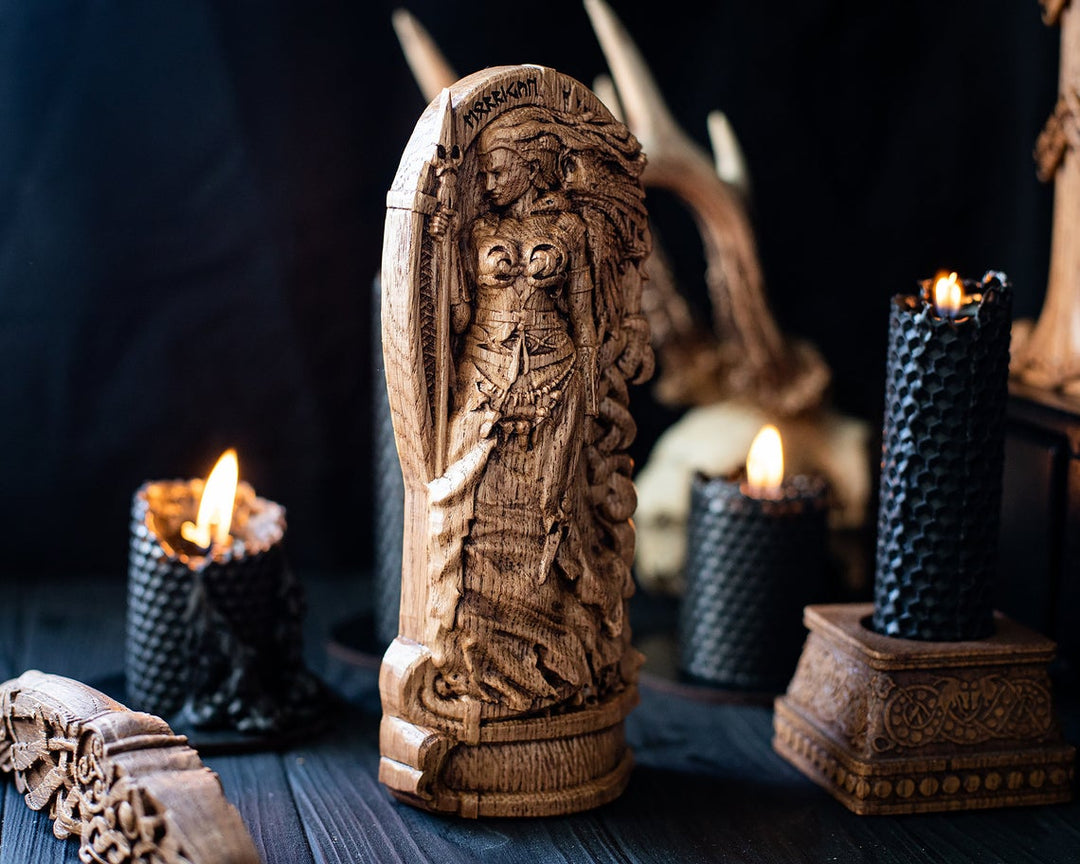Goddess Morrigan. Wooden statue of Celtic Goddess Morrigu