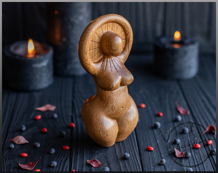 Sun goddess, Celtic Goddess, Wooden statue, for Pagan Altar kit